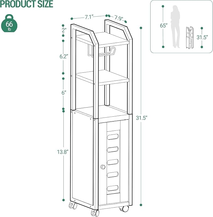 Hzuaneri Bathroom Storage Cabinet - Toilet Paper Storage Cabinet, Small Toilet Paper Holder with 4 Wheels, Bathroom Organizer with Adjustable Shelf, for Small Spaces, Black BC04604X