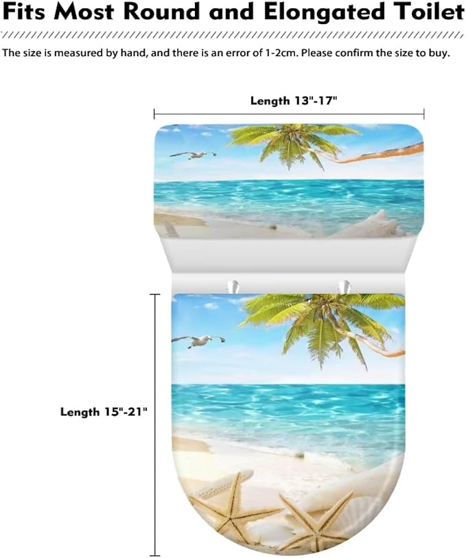 Beach Starfish Toilet Lid Cover Set of 2 Pieces,Blue Sky Pint Toilet Seat Covers with Elastic Edges Washable Set Portable Replacement