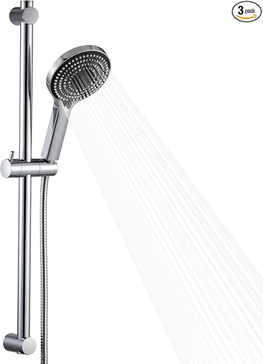 OFFO Shower Slide Bar Combo, Adjustable 27 in Slide Bar with 6-Mode High Pressure Handheld Shower Head and 60 in Stainless Steel Hose, Screw Wall Mounted, Chrome