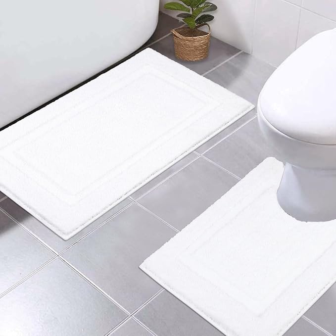 SHACOS Soft Microfiber Bathroom Rugs Set 2 Pieces with Toilet Rug | Absorbent Plush Bath Mat U Shaped Contour Bath Rug, Non Slip Washable Fluffy Bathroom Floor Mats, 32x20+24x20, White