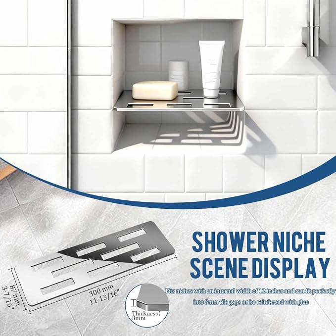 Rectangular Shelf for 12 Inch Tile Prefabricated Niches, Shower Niche Shelf with Mirror Effect 316 Stainless Steel Finish, Fits 1/8 inch Grout Lines Shower Niche Insert