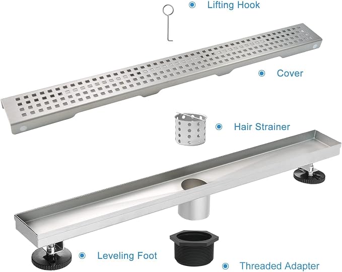 Linear Shower Drain, Shower Drain 40 inch with Removable Grate Cover, Professional AISI 304 Stainless Steel Shower Floor Drain, Linear Drain with Hair Catcher and Leveling Feet