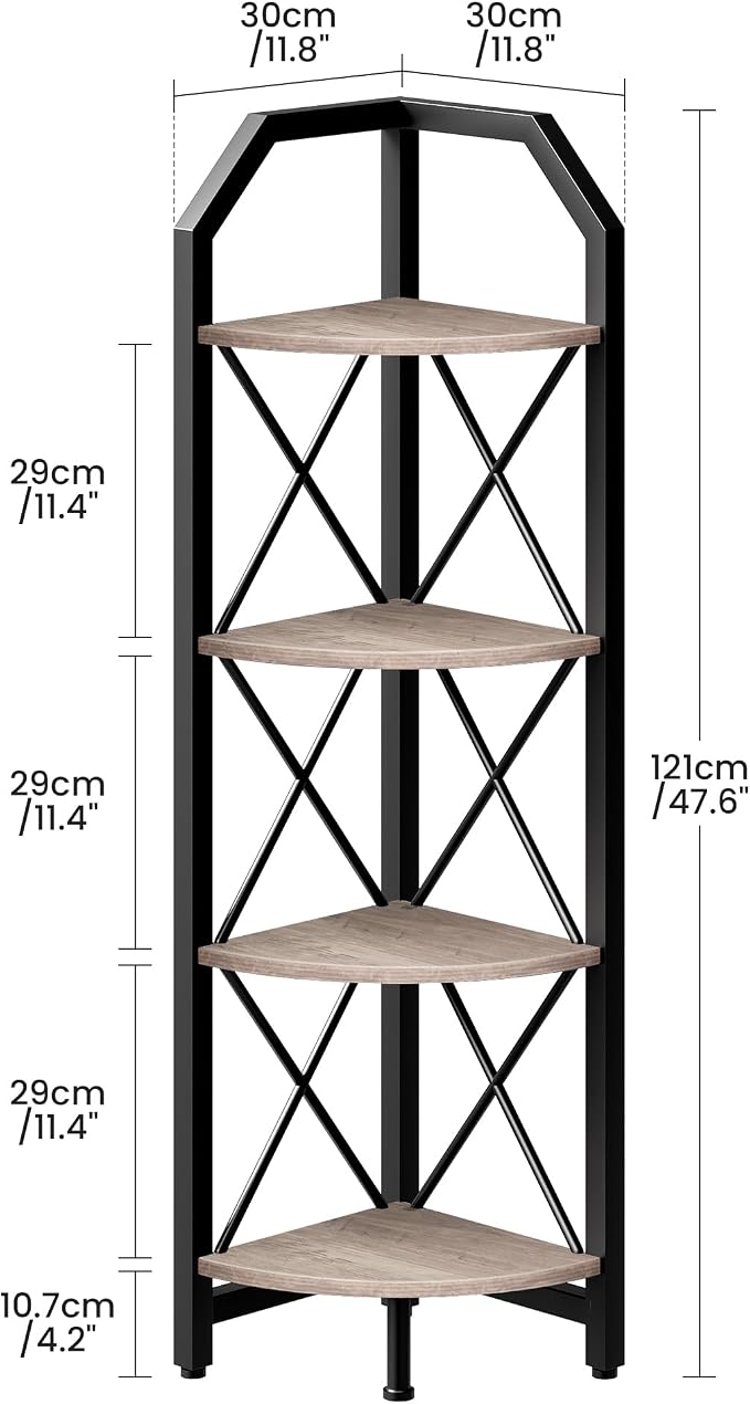 CHOEZON 4-Tier Corner Shelf, Industrial Corner Bookshelf, 47.6" Corner Storage Stand, Plant Stand Display Shelf, Corner Bookcase for Bedroom, Living Room, Home Office, Greige and Black TCJ09BG