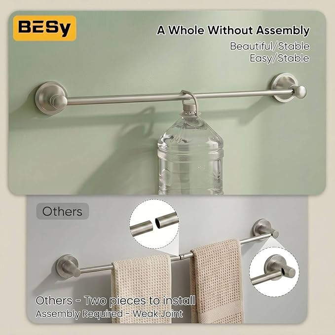 BESy Adjustable 16 to 26 Inch Bath Towel Bar Rack for Bathroom Towel Holder, Wall Mounted Towel Bar Rod Hanger Bathroom Hardware Accessories Hotel Style, Stainless Steel, Brushed Nickel