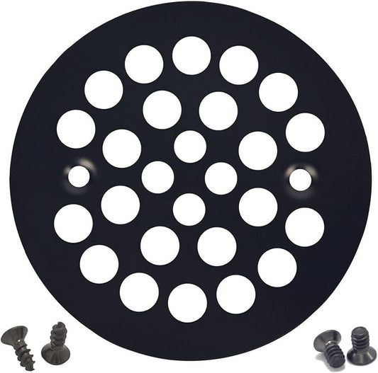 4-1/4" Round Shower Grate Drain Strainer Replacement Cover Matte Black + Machine and Tapping Screws