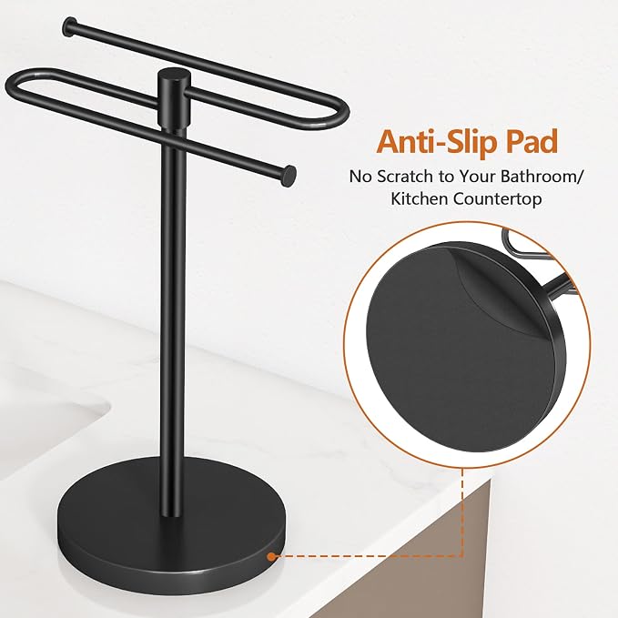 Bethom Hand Towel Holder for Bathroom Countertop, Weighted Base, Black | Stainless Steel 15.2 Inch Hand Towel Stand, S-Shape Towel Racks Holds 2 Towels