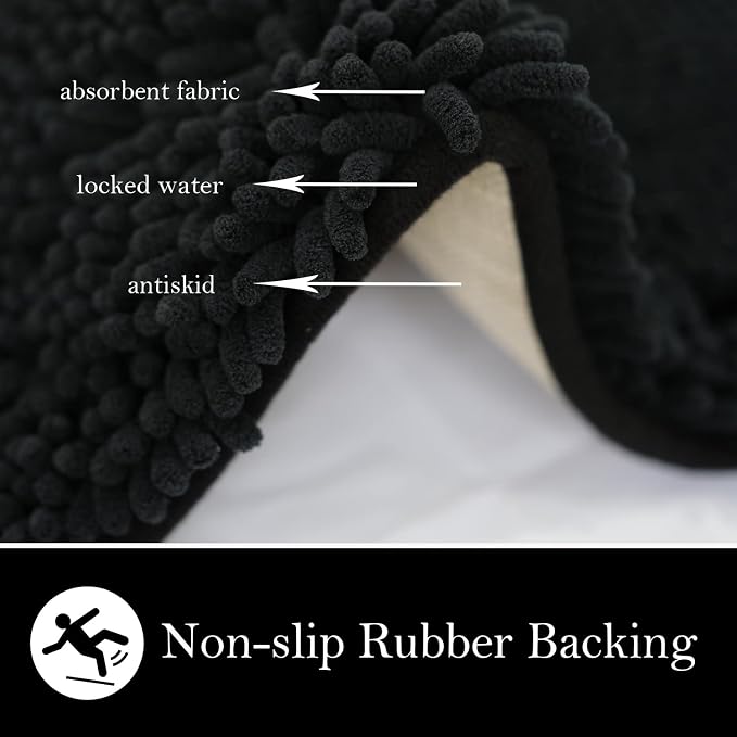 Bathroom Rugs Chenille Bath mat 3 Piece Set, Super Absorbent, Strong PVC Non Slip Backing, Bath mats for Bathroom, Plush Shaggy, Thick, Machine Washable, Bathtub, Shower, Toilet, Black