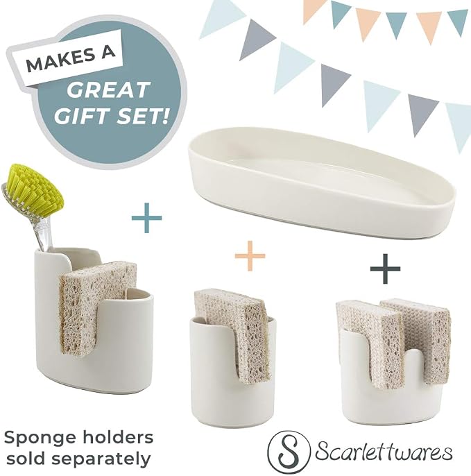 Scarlettwares Sponge Holder Soap Bottle Tray, Kitchen Sink Organizer Oval Ceramic White, Olive Oil Tray