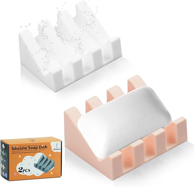Self Draining Silicone Soap Dish Holder Waterfall Tray, 2 Pack White Pink | Waterfall design drains fast to keep soap dry, non-slip silicone base anti slide, soap saver for bathroom & kitchen