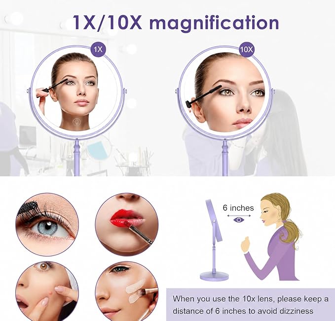 DEIOVWXS Makeup Mirror, Rechargeable Vanity Mirror with 3 Lights, 1X/10X | Adjustable Brightness, 3000mAh, Double-Sided, Gift for Mom, Women, Wife, Girls, Dorm Room Essential