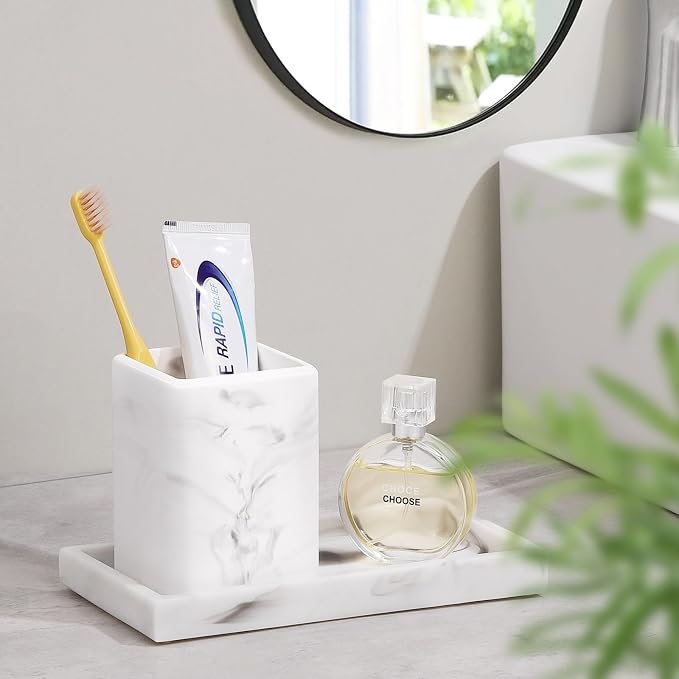 Luxspire Toothbrush Holders, Diatomite Toothbrush Cups for Bathroom, Marble | Fast Drying, Diatomaceous Earth, Electric Toothbrush Holder, Toothbrush and Toothpaste Holder, Bathroom Organizer Essentials