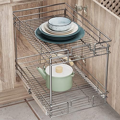 ROOMTEC New Version Pull Out Cabinet Organizer for Base Cabinet (14" W X 21" D), Kitchen Cabinet Organizer and Storage 2-Tier Cabinet Pull Out Shelves Under Cabinet Storage for Kitchen Silver,Chrome