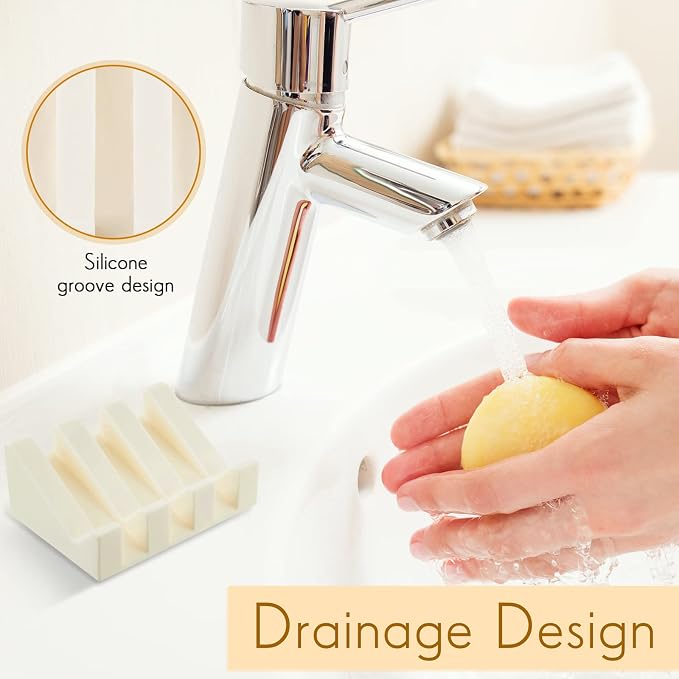 Cunhill 1 Piece Silicone Soap Dish Self Draining Soap Dish Shower Waterfall Bar Soap Holder Tray with Drain Soap Saver for Kitchen Bathroom Accessories (Cream White)