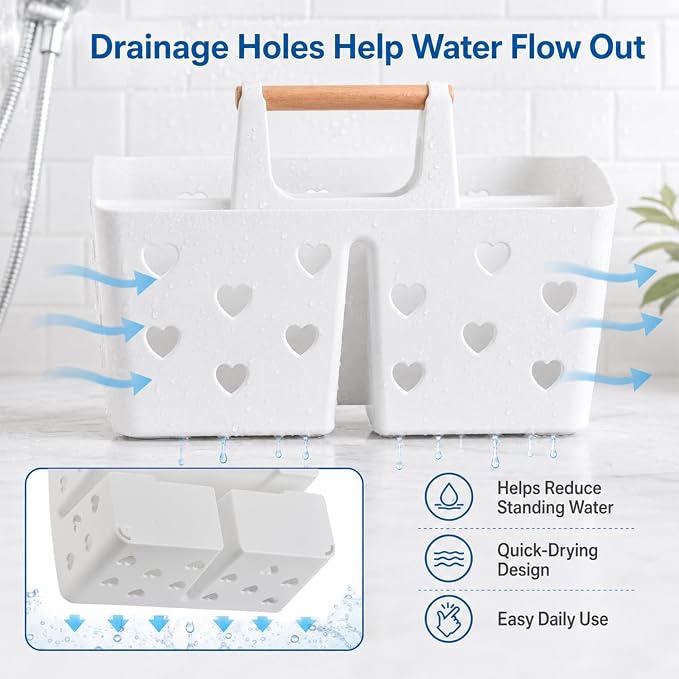 White Portable Shower Caddy Basket with Handle, 3-Compartment Plastic Shower Tote with Drain Holes, Cute Bathroom Organizer for College Dorm, Shared Bathroom, Gym, Travel, Skincare & Cleaning Supplies