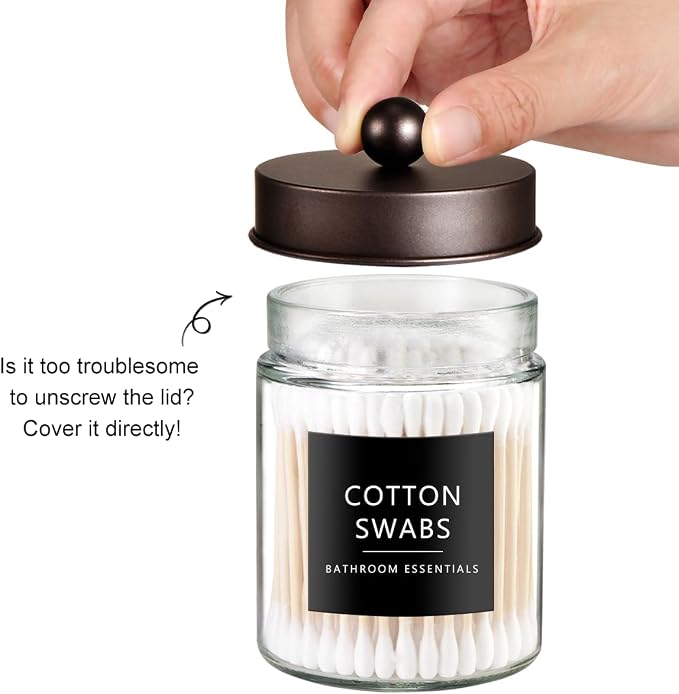 SheeChung 3 Pack Glass Apothecary Jars with Acrylic Vanity Tray | Bathroom Jars with Lids Set with for Qtip, Cotton Ball, Floss Picks - Modern Industrial Style - Bathroom Organizer (Bronze)