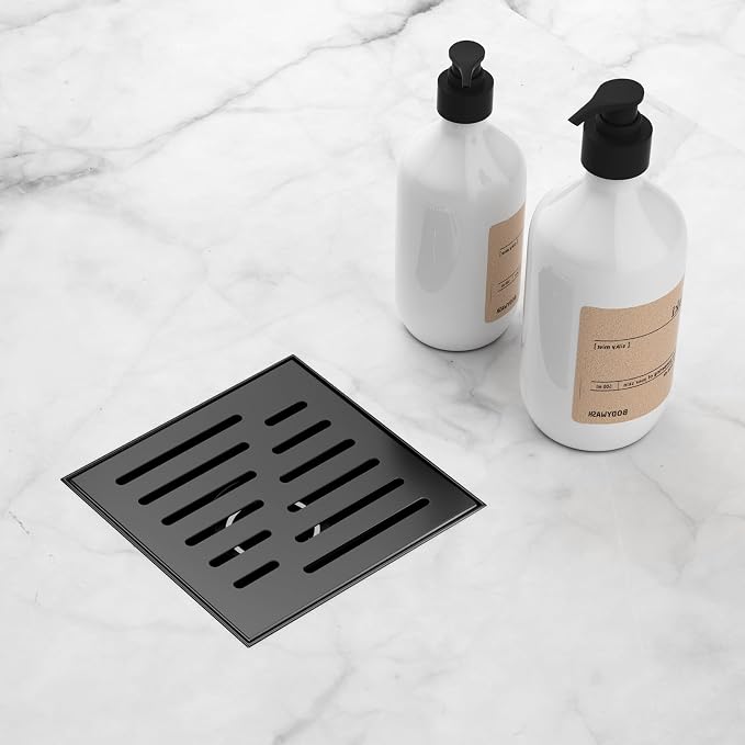 6 Inch Square Shower Drain, EMBATHER 304 Stainless Shower Floor Drain and Shower Drain Cover Included Hair Catcher and Leveling Feet, Black