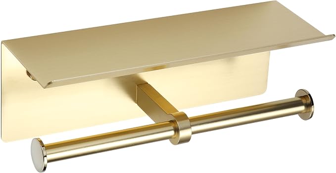 Brushed Gold Toilet Paper Roll Holder with Shelf Wall Mounted for Bathroom (Brushed Gold, Double Head)