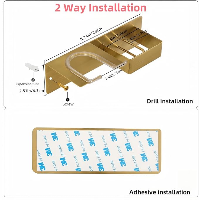 Hair Dryer and Straightener Holder, Hair Tool Organizer Wall Mount for Bathroom, Blow Dryer Holder Adhesive/Drilling HairDryer Stand, Stainless Steel Straightener Holder Gold UEMUSI