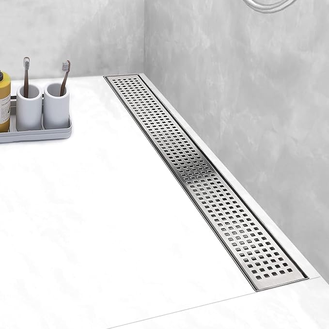 Linear Shower Drain, Drain 18 inch with Removable Grate Cover, Professional AISI 304 Stainless Steel Shower Floor Drain, Shower Drain with Hair Catcher and Leveling Feet