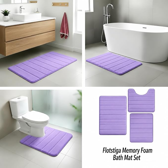 Memory Foam Bath Mat Set 3 Piece，Super Soft Absorbent Bathroom Rug Non Slip, Quick Dry,Machine Wash, Perfect Plush Bathroom Rugs,Home Decor Accessories,Lavender Purple