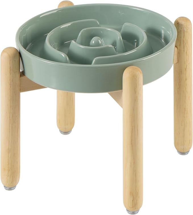 Havniva Elevated Slow Feeder Dog Bowls, Ceramic Dog Bowl Slow Feeder | 1.6 Cups Raised Slow Feeding Bowl for Medium Breed, Puzzle Dog Food Bowl with Wooden Stand, Non-Slip, Anti-Choking