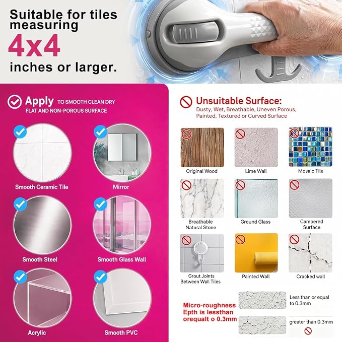 Grab Bars for Shower,Shower Handle with 3 Heavy Duty Suction Cups, Removable Bathtub Handrails for Elderly, No Drilling Waterproof Bathroom Safety Grip (Pewter)