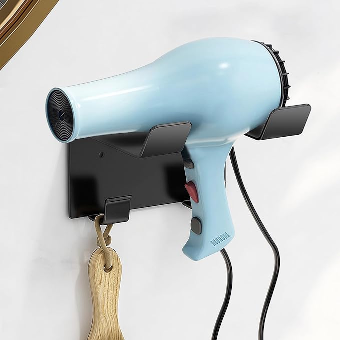 Hair Dryer Holder Wall Mount, Stainless Steel Blow Dryer Holder for Bathroom, Rustproof Hair Dryer Organizer Fits 2.3" Diameter, Easy Wall Installation (Black)