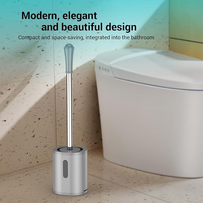 Toilet Brush and Holder Set, 2 Pack with Stainless Steel Handle Toilet Bowl Brush, Compact Toilet Scrubber Brush for Deep Cleaning Bathroom Restroom, Easy to Assemble-Grey