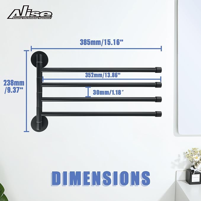 Alise Swivel Towel Rack,Folding 4 Arms Hand Towel Bars Towel Hanger for Bathroom,Wall Mount Drying Racks for Laundry,SUS304 Stainless Steel Swing Out Towel Holder Storage Space Saving,Matte Black