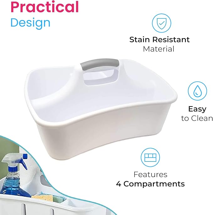 Bath Caddie White - Totes with Divided Compartments and Handles for Organizing, Storing & Carrying Cleaning Supplies and Bathroom Accessories (Large Cleaning Caddy)
