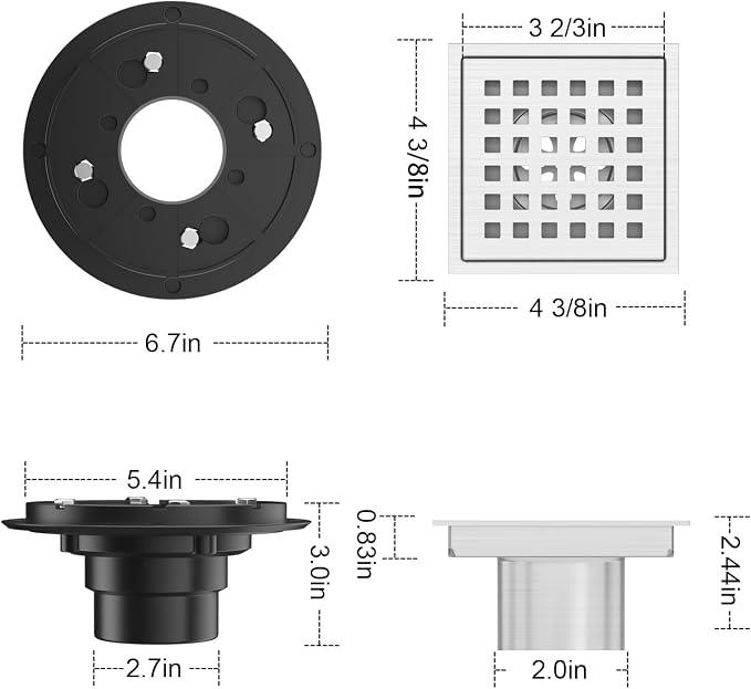 4 Inch Square Shower Drain Brushed with Removable Quadrato Pattern Grate, SUS 304 Stainless Steel Floor Drain with Flange