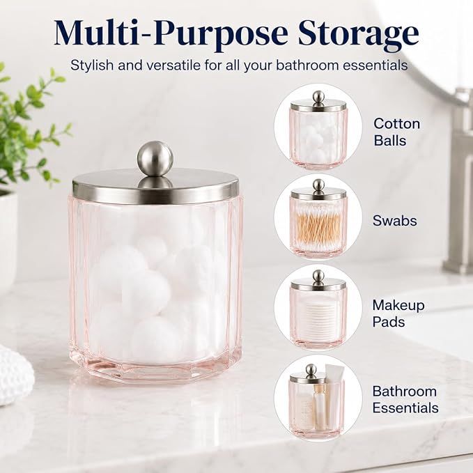 Blush Translucent Apothecary Octagional Shaped Glass Canister Jar With Metal Lid Cover for Bathroom Organization, Cotton Balls, Q Tips, and Small Accessories, Bathroom Storage