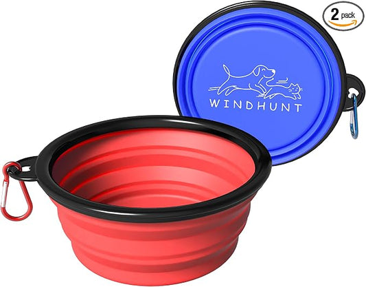 2-Pack Collapsible Dog Bowls, Portable Travel Pet Bowl with Carabiner – Foldable Silicone Feeding Dish for Dogs and Cats On-The-Go (Red + Blue)