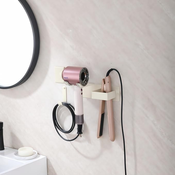 Hair Dryer and Straightener Holder, Hair Tool Organizer Wall Mount for Bathroom, Stainless Steel Straightener Holder, Blow Dryer Holder Adhesive/Drilling HairDryer Stand White UEMUSI