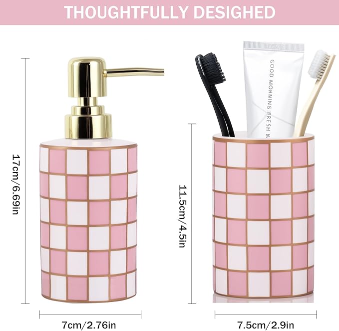 Bathroom Toothbrush Holder Set, Ceramic Checkered Soap Dispenser and Tooth Brush Holder Set, Modern Bathroom Accessories Sets Countertop, Black and White Checkered Bathroom Decor Set (Pink)