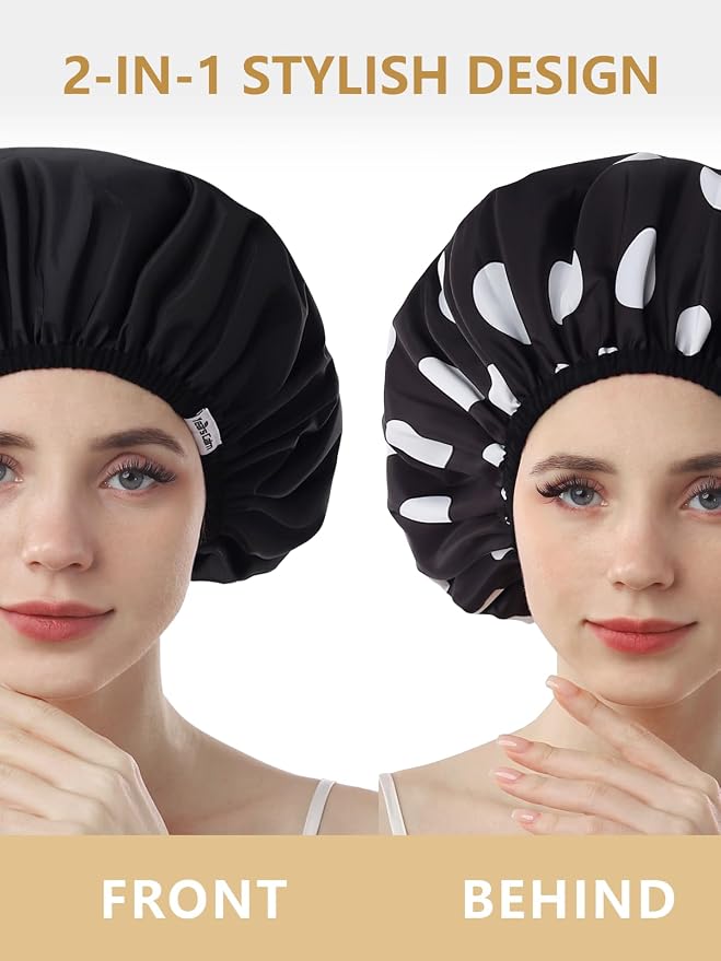 Years calm Shower Caps for Women Reusable Waterproof Double Layer Hair Cap | Both Sides Usable, Reversible Pattern & Solid Color Design, Soft Elastic Keeps Hair Dry for shower Spa Travel