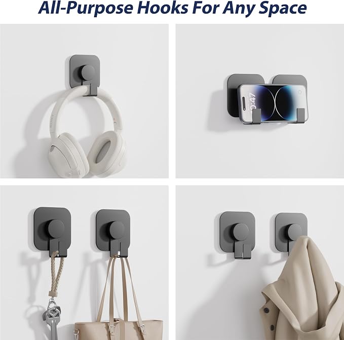 Aikzik 4 Pack Large Heavy Duty Wall Hooks - 26lb Max, Stainless Steel Adhesive Towel Hooks for Hanging Coat, Towel, Robe, Keys, Sticky Shower Hook for Door, Home, Bathroom, Kitchen, Office- Black