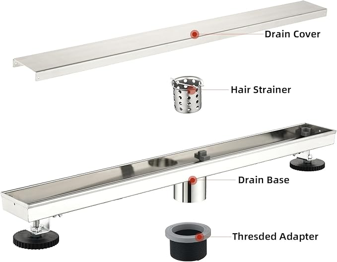 Linear Shower Drain ，24 Inch Brushed 304 Stainless Steel Rectangle Shower Floor Drain，with Reversable Tile-inPattern Drain Cover & Hair Catcher, Adjustable Feet
