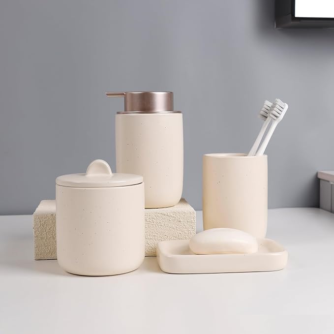 BosilunLife Apricot Ceramic Bathroom Accessories Set of 4 | Bathroom Decor Sets Accessories Bathroom Lotion Soap Dispenser and Toothbrush Holder Set, Soap Dish, Apothecary Jars.(Liquid)