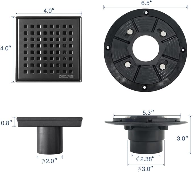 Neodrain 4-Inch Square Shower Drain with Removable Quadrato Pattern Grate, 304 Stainless Steel, Includes PVC Shower Drain Base&Hair Strainer, Shiny Black