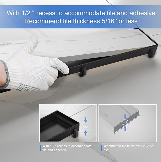 12-Inch Linear Shower Drain with Tile Insert Grate, SUS 304 Stainless Steel Linear Drain, Matte Black Long Rectangle Shower Floor Drain with Leveling Feet, Hair Strainer, Fits Bathroom