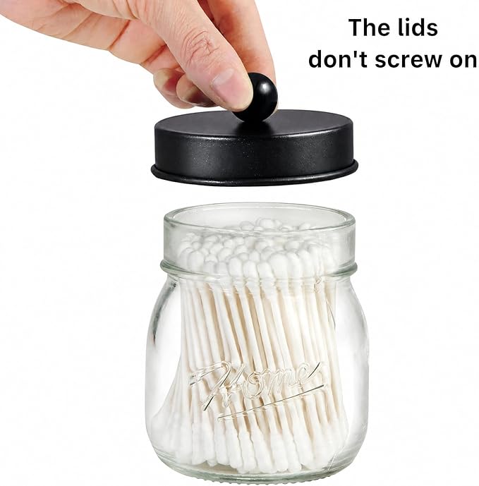 SheeChung 2 Pack Qtip Holders, Black Bathroom Decor, Cotton Swab Holders, Bathroom Jars, Restroom Decor for Cotton Balls, Pads, Floss Picks - Black