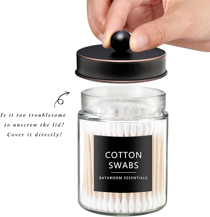 SheeChung 2 Pack Glass Qtip Holder with ORB Stainless Steel Lids | Apothecary Jars with Stickers, Modern Farmhouse Bathroom Vanity Organizer for Cotton Swabs, Balls, Pads (Oil Rubbed Bronze)