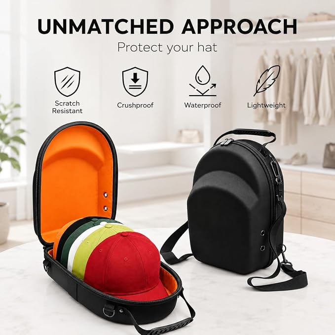 Hard Hat Travel Case for Baseball Caps 1 Piece Black With Orange - Hat Protector with Handle, Adjustable Shoulder Strap & Luggage Strap, Stores 6 Hats for Travel, Home, Gifts
