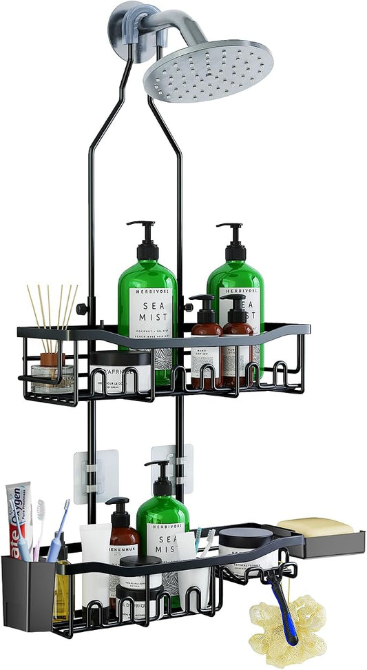 Upgraded Extended Length Shower Organizer with 16 Hooks, Rustproof Shampoo Soap Storage, Large Hanging Bathroom Caddy with Soap and Toothbrush Holder