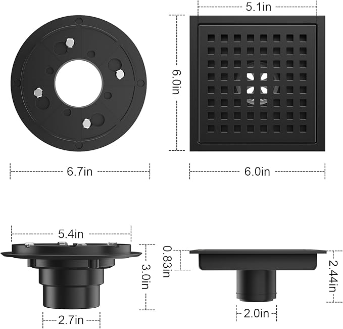 EXF 6-Inch Square Shower Drain with ABS Flange Base, Matte Black 304 Stainless Steel Floor Drain, Removable Grate and Hair Strainer for Modern Bathroom Remodels and Curbless Showers