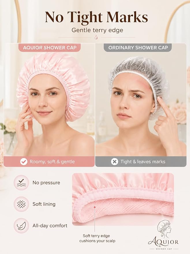 Aquior Shower Cap,Triple Layer Shower Cap for Women, Reusable Waterproof Bath Cap,Silky Satin Outer Layer Terry Lining, Extra Large for Women Long Hair(Pink)