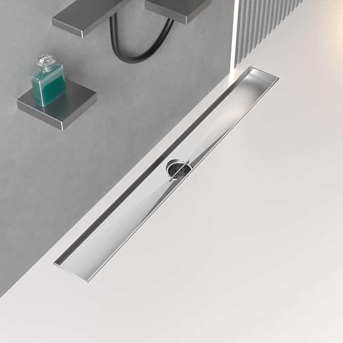 BARONAGE 36 Inch Linear Shower Drain, Rectangle Shower Floor Drain with 2-in-1 Flat & Tile Insert Cover, 304 Stainless Steel Bathroom Drains with Hair Catcher and Leveling Feet (Brushed Nickel)