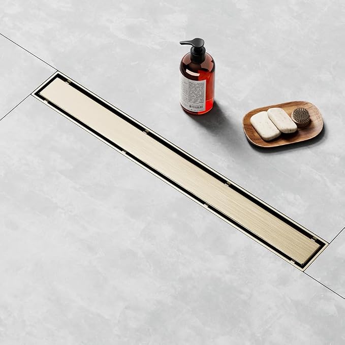 Linear Shower Drain 18 Inch Gold, Shower Drain with 2-in-1 Tile Insert Panel, Brushed AISI 304 Stainless Steel Linear Drain for Fast Drainage, Floor Drain for Bathroom, Kitchen, Garage & More