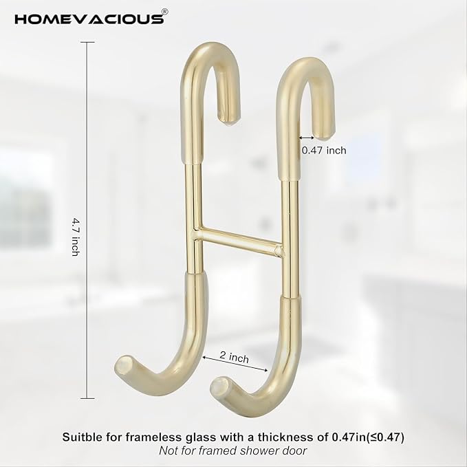 Homevacious Shower Door Hooks, 4 Pack Over Shower Glass Door Hook,SUS 304 Stainless Steel Rack Hooks, Frameless Bathroom Hanger Drilling-Free, Glue-Free Towel Hooks,Brushed Gold